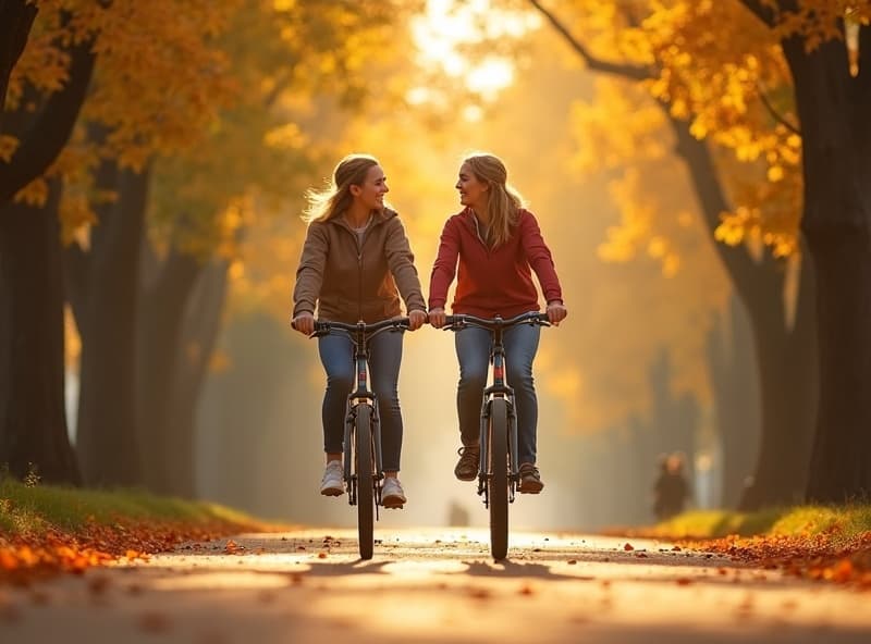 Couple biking together on autumn path