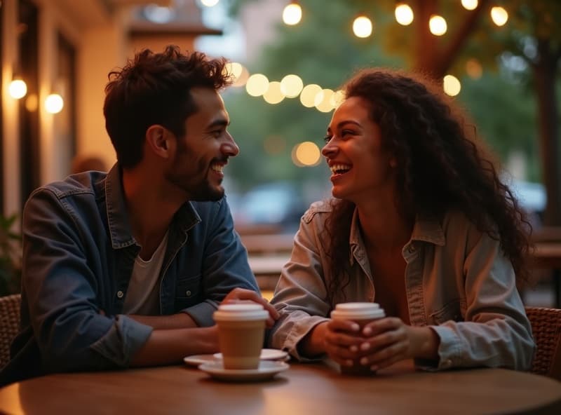 Couple laughing together at outdoor cafe