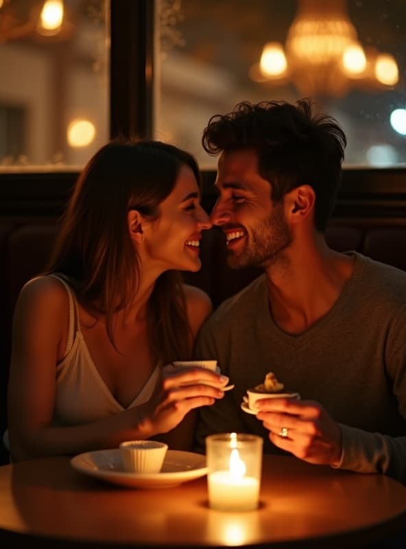 Couple sharing dessert at cozy restaurant