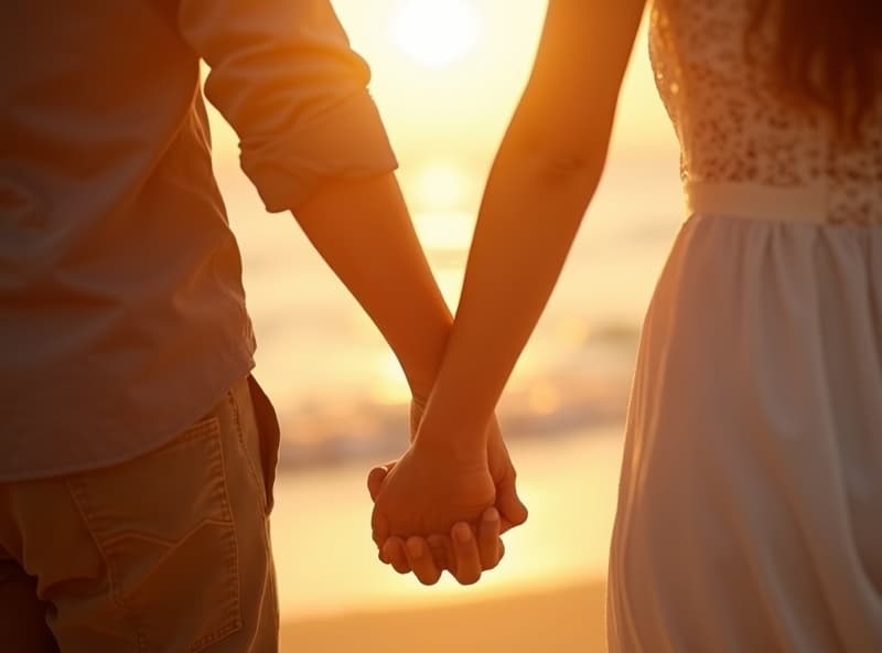 Couple holding hands on beach at golden hour
