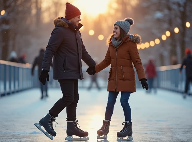 Couple ice skating together in winter